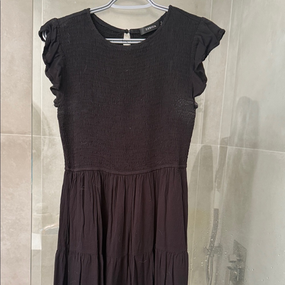 Zesica Black Smocked Midi Dress with Ruffle Cap Sleeves